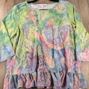 Leoma Lovegrove Top Womens Large Sea Turtle 3/4 Sleeve Ruffle Trim Beach